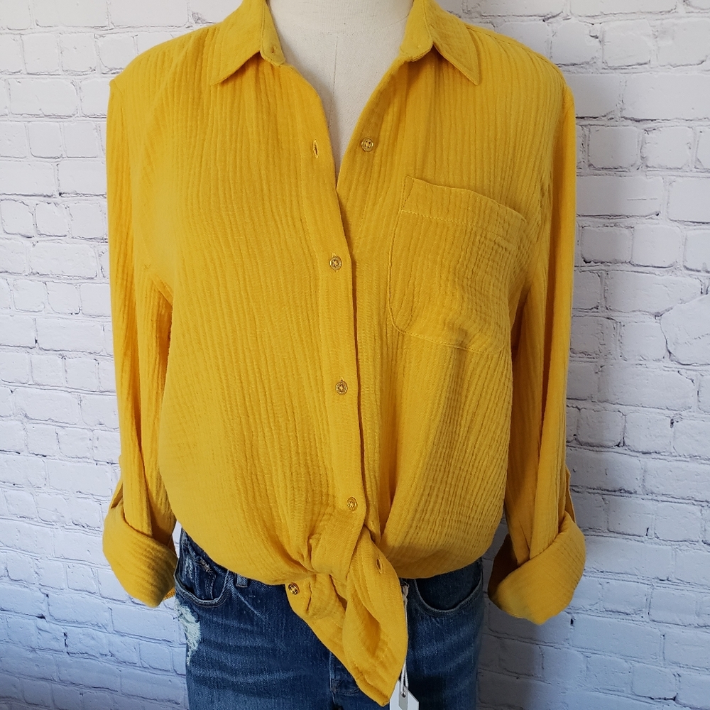 ANNE KLEIN Lucile Button Front Cotton Gauze Long Sleeve Blouse--M